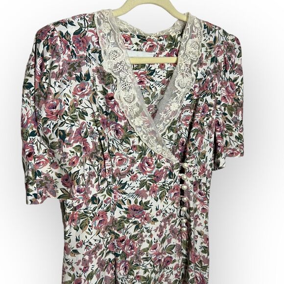 Jonathan Martin Vintage 80s Pastel Floral Lace Collar Cottagecore A-Line Dress - Picture 7 of 16
